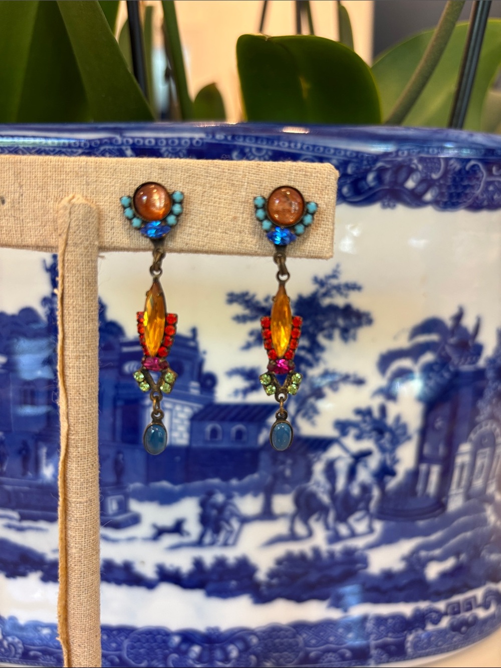 Sorrelli Multicolor Crystal Drop Earrings — Turquoise, Amber & Red Accents